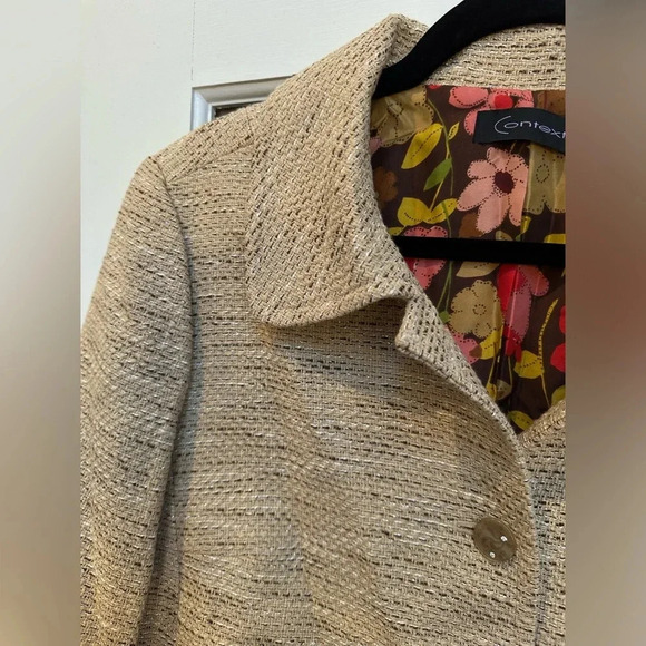 Context Tan Beige Gold Metallic Tweed Blazer Jacket Floral Lining Size 14 - Picture 2 of 15